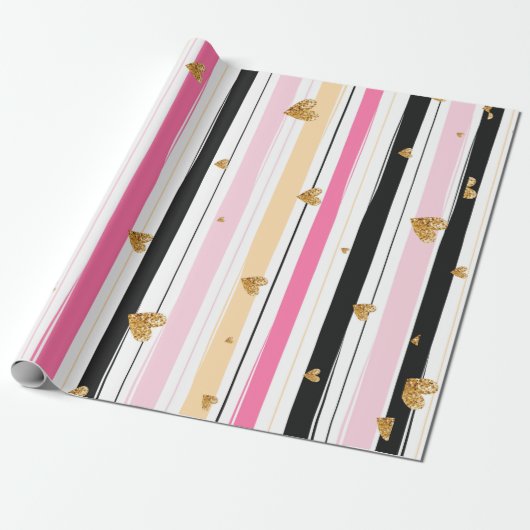金ゴールドハートカラフル手作りストライプのパターン2 ラッピングペーパー (アンロールド)