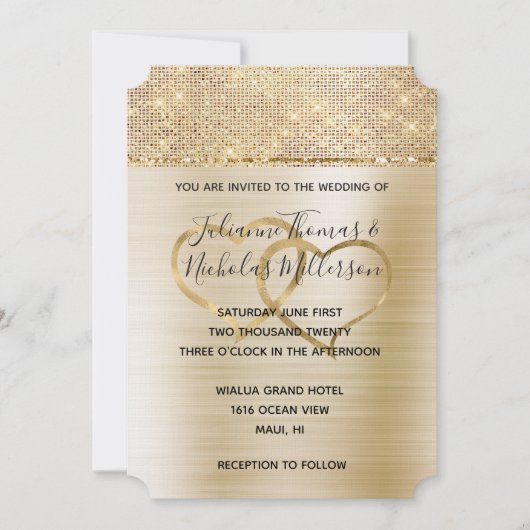 金ゴールドハートグラムスパークル結婚ズ 招待状 (正面)