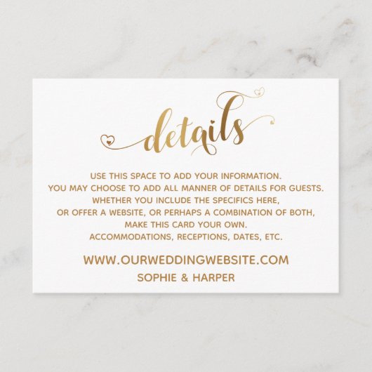 金ゴールドハートスクリプト、ダイヤモンド詳細オン白 エンクロージャーカード (正面)