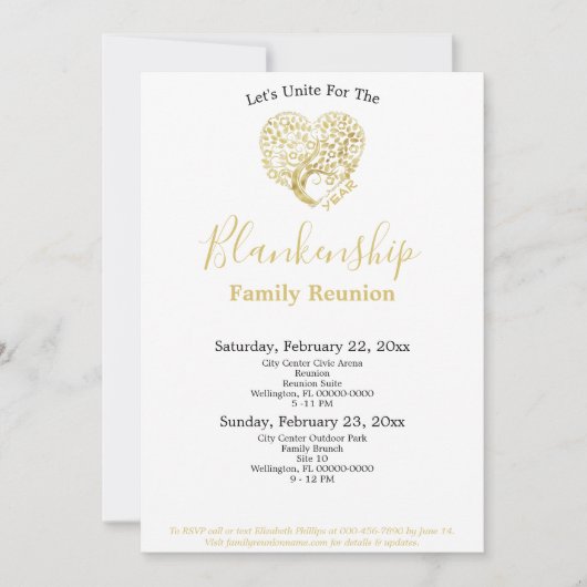 金ゴールドハートツリーファミリ懇親会オンホワイトテンプレート 招待状 (正面)