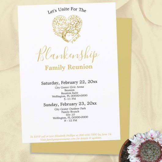 金ゴールドハートツリーファミリ懇親会オンホワイトテンプレート 招待状