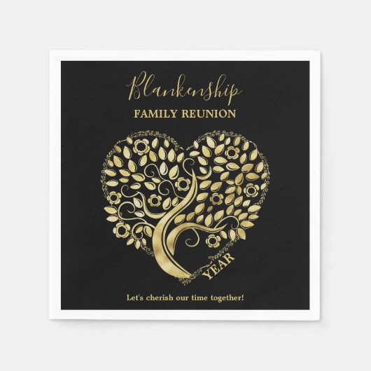 金ゴールドハートツリーファミリ懇親会パーティーの要点 スタンダードカクテルナプキン (正面)