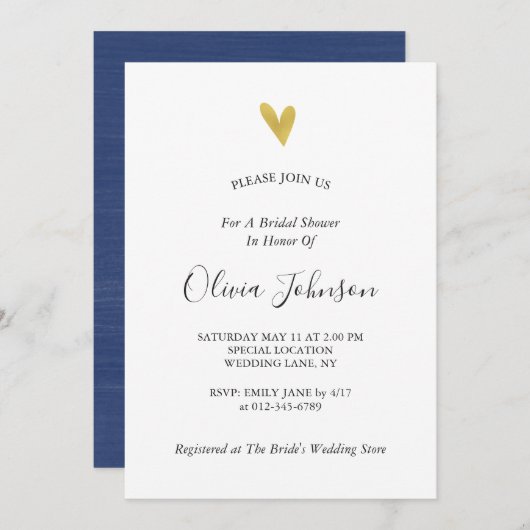 金ゴールドハートネイビーブルーブライダルシャワー 招待状 (正面/裏面)