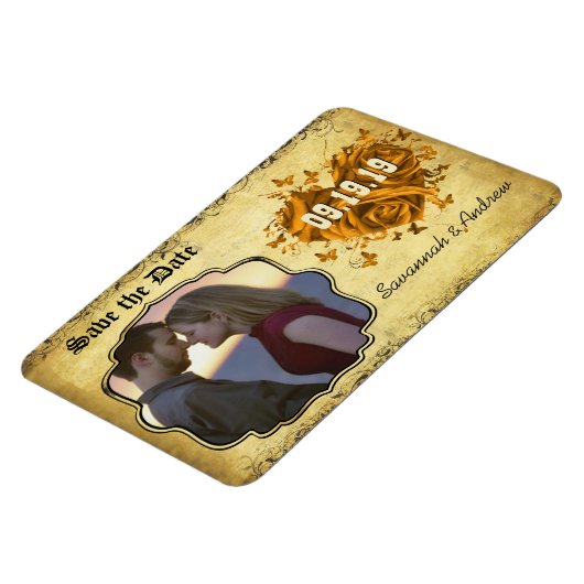 金ゴールドハートバラとボタンフライ日付を保存 マグネット (左側)