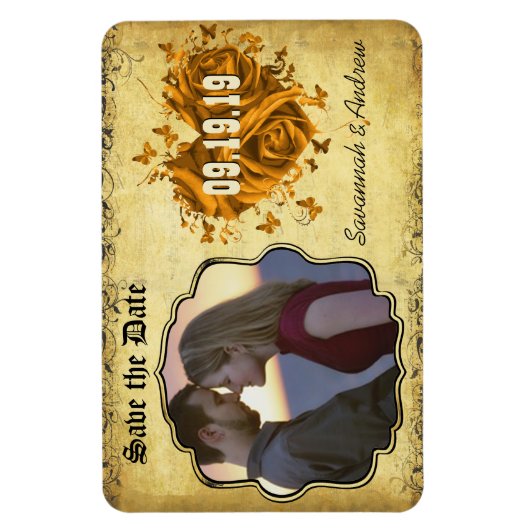 金ゴールドハートバラとボタンフライ日付を保存 マグネット (縦)