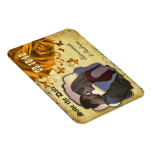 金ゴールドハートバラとボタンフライ日付を保存 マグネット (右側)