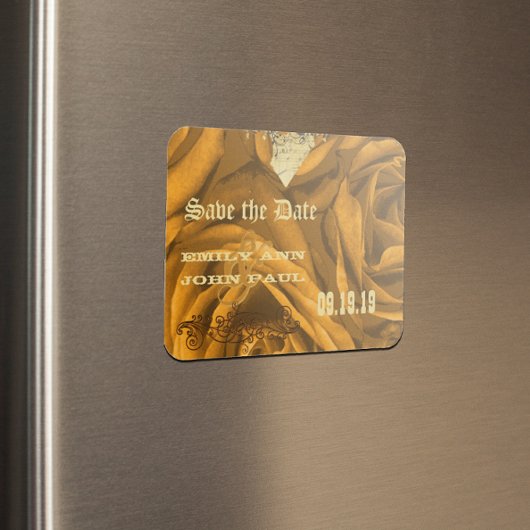 金ゴールドハートバラとボタンフライ日付を保存 マグネット