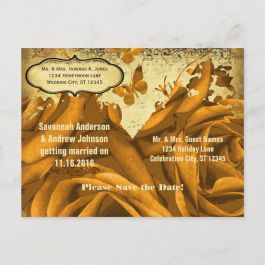 金ゴールドハートバラと蝶の日付を保存 案内ポストカード (裏面)