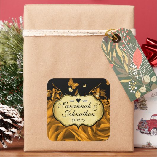 金ゴールドハートバラ&蝶結婚ズシール スクエアシール (クリスマス)