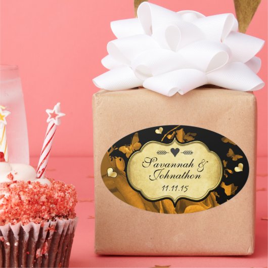 金ゴールドハートバラ&蝶結婚ズシール 楕円形シール (パーティー)