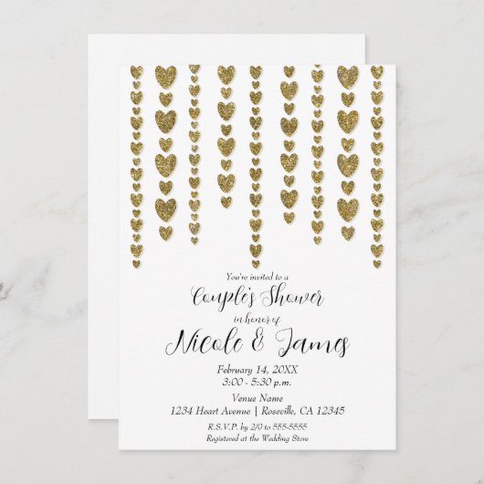 金ゴールドハートバレンタイン・カップルのウェディングシャワー 招待状 (正面/裏面)