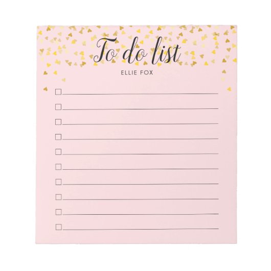 金ゴールドハートパーソナライズされたのTo-Doリスト ノートパッド (正面)