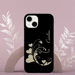 金ゴールドハートフェイク旋回グリッターオン黒 Case-Mate iPhone 14ケース