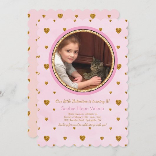 金ゴールドハートフォト誕生日招待状 招待状 (正面/裏面)