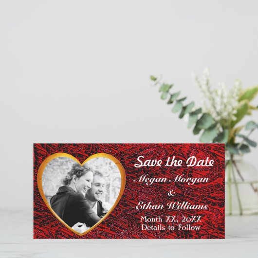 金ゴールドハートフレームと赤いファブリックの写真の追加 セーブザデート (スタンド正面)