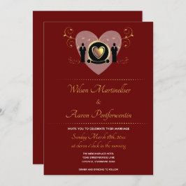 金ゴールドハートブルゴーニュ男性LGBTQ結婚式招待状 招待状