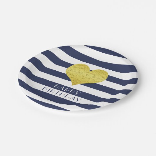 金ゴールドハートブルーとホワイトストライプハッピーバースデー ペーパープレート (アングル)