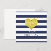 金ゴールドハートブルーストライプハッピーバースデー シーズンカード (正面/裏面)