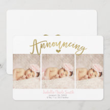 金ゴールドハートベビーガール誕生のお知らせ3枚