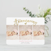 金ゴールドハートベビーガール誕生のお知らせ3枚 招待状 (スタンド正面)