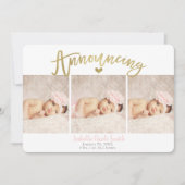 金ゴールドハートベビーガール誕生のお知らせ3枚 招待状 (正面)