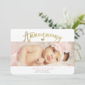 金ゴールドハートベビーガール誕生発表写真 招待状 (スタンド正面)