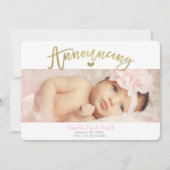 金ゴールドハートベビーガール誕生発表写真 招待状 (正面)