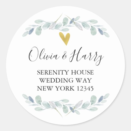 金ゴールドハートユーカリ差出人住所シール ラウンドシール (正面)