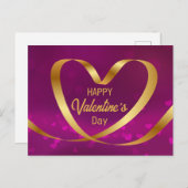 金ゴールドハートリボンハッピーバレンタインデー紫 ポストカード (正面/裏面)