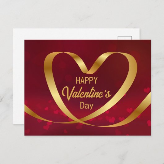 金ゴールドハートリボンハッピーバレンタインデー赤 ポストカード (正面/裏面)