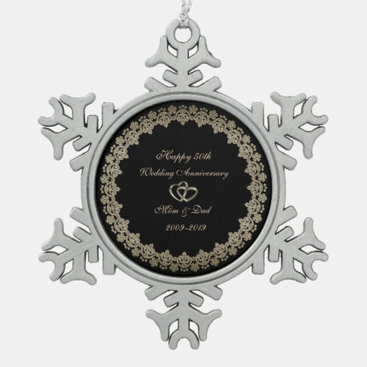 金ゴールドハートリングや輪結婚50周年記念 スノーフレークピューターオーナメント (正面)