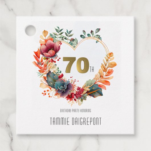 金ゴールドハート形牡丹の花70th誕生日パーティー フェイバータグ (正面)