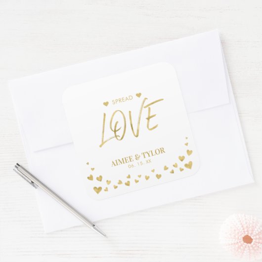 金ゴールドハート愛の結婚式の引き出物シールを広げる スクエアシール (封筒)