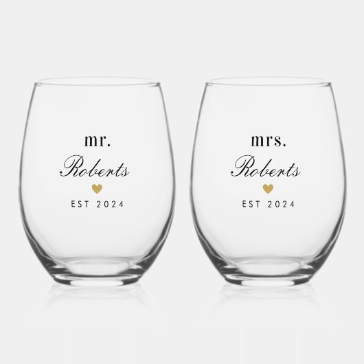 金ゴールドハート新婚ギフト夫妻 ステムなしワイングラス (正面)