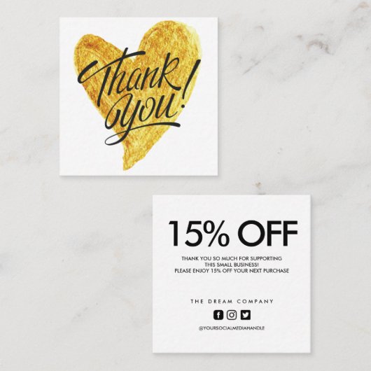 金ゴールドハート書道割引ありがとう スクエア名刺 (正面/裏面)