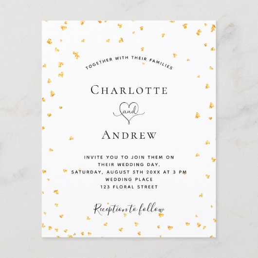 金ゴールドハート白予算結婚式招待状 チラシ (正面)