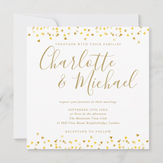 金ゴールドハート紙吹雪結婚スクリプトの正方形 招待状 (正面)