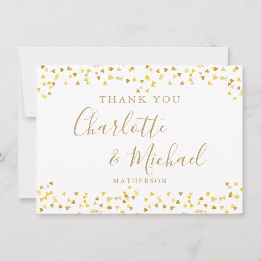 金ゴールドハート紙吹雪署名結婚スクリプト サンキューカード (正面)