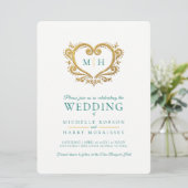 金ゴールドハート結婚の濃いエメラルドグリーンと白 招待状 (スタンド正面)