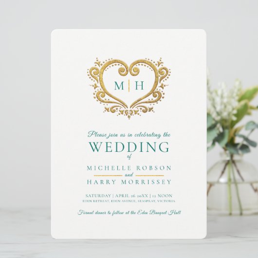 金ゴールドハート結婚の濃いエメラルドグリーンと白 招待状 (スタンド正面)