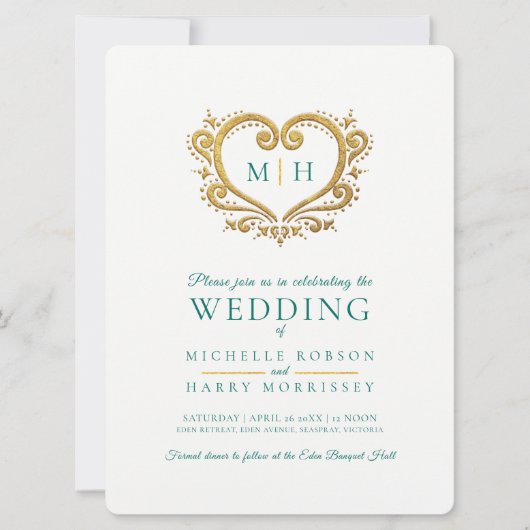 金ゴールドハート結婚の濃いエメラルドグリーンと白 招待状 (正面)