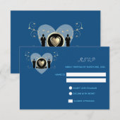 金ゴールドハート結婚オスクラシックブルー | RSVPカード (正面/裏面)
