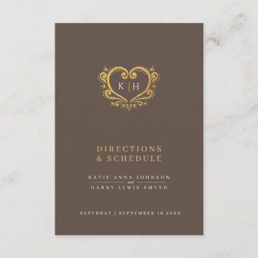 金ゴールドハート結婚モノグラムの指示表 エンクロージャーカード (正面)