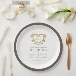 金ゴールドハート茶色リースモノグラ結婚ム病 ペーパープレート