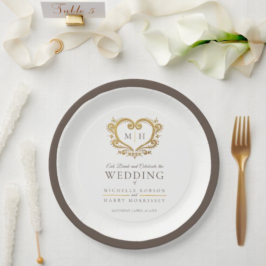 金ゴールドハート茶色リースモノグラ結婚ム病 ペーパープレート (ウェディング)