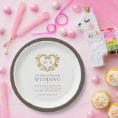 金ゴールドハート茶色リースモノグラ結婚ム病 ペーパープレート (パーティー)