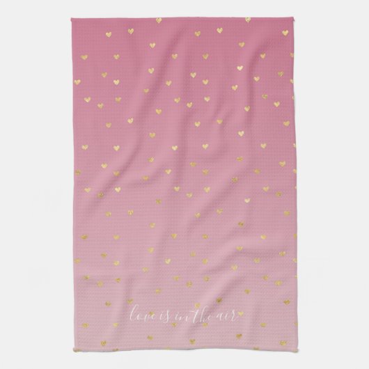 金ゴールドハート赤面グラデーションピンクラブは空中にある キッチンタオル (縦)