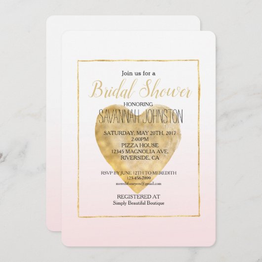 金ゴールドハート赤面ピンクグラデーションブライダルシャワー 招待状 (正面/裏面)