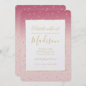 金ゴールドハート赤面ピンクグラデーション誕生日 招待状 (正面/裏面)