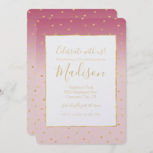 金ゴールドハート赤面ピンクグラデーション誕生日 招待状 (正面/裏面)